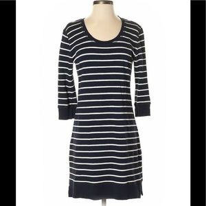 3/4 sleeve navy and white stripe dress